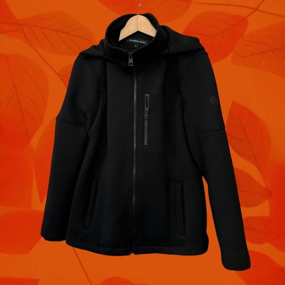 Andrew Marc Women's Black Breast Pocket Fall Hooded Jacket-Size XL